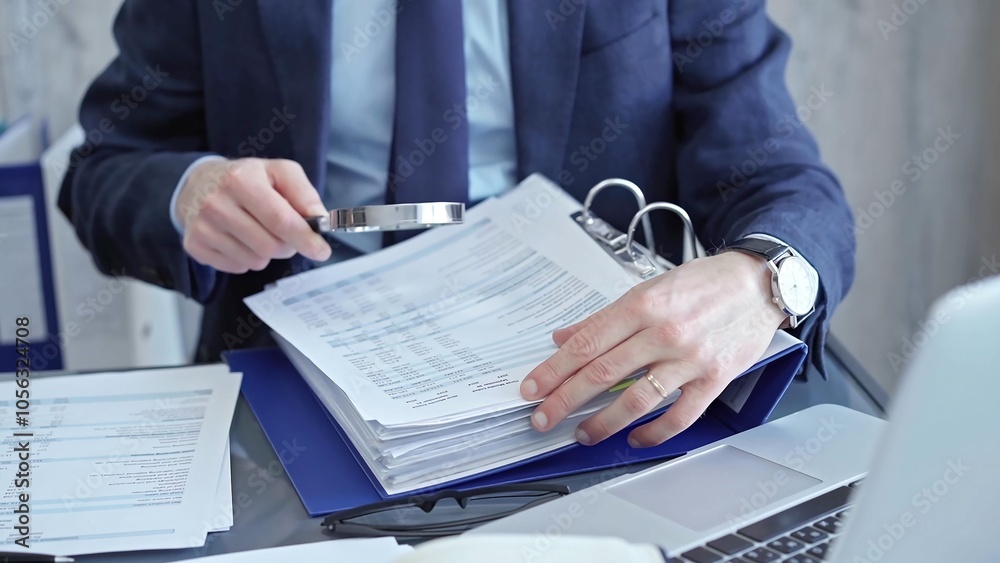 Adult businessman or auditor examining documents with magnifying glass. Professional in a suit scrutinizes financial reports, detail-focused work concept Adult businessman or auditor examining documents with magnifying glass. Professional in a suit scrutinizes financial reports, detail-focused work concept