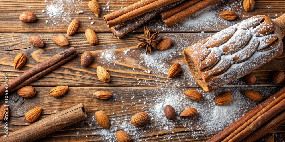 A rustic wooden surface dusted with powdered sugar, adorned with cinnamon sticks, whole almonds, and a sweet pastry dusted with powdered sugar. A rustic wooden surface dusted with powdered sugar, adorned with cinnamon sticks, whole almonds, and a sweet pastry dusted with powdered sugar.