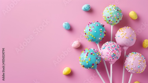 Easter-themed cake pops with text space on pink background