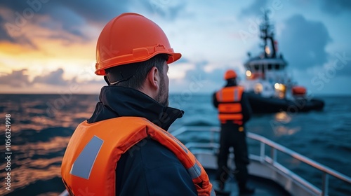 Emergency Rescue Operation at Sea During Sunset