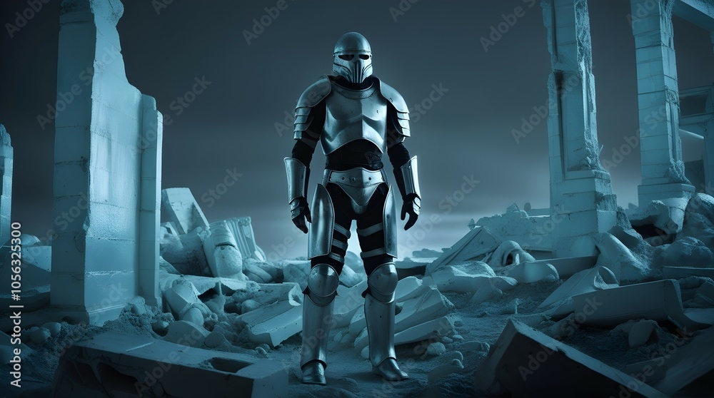 bioluminescent postapocalyptic setting with a figure in weathered silver armor bioluminescent postapocalyptic setting with a figure in weathered silver armor