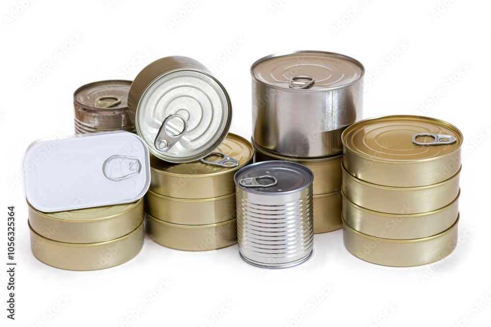 A Group of Stacked Tin Cans with Blank Edges Isolated on White Background. Canned Food. Different Aluminum Cans for Safe and Long Term Storage of Food. Steel Sealed Food Storage Containers - Isolation