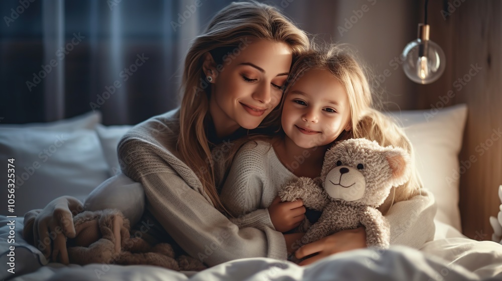 A mother and her young daughter cuddle in bed at night, the daughter holding a teddy bear. A mother and her young daughter cuddle in bed at night, the daughter holding a teddy bear.