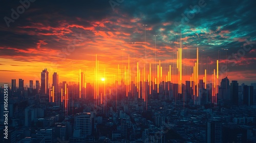 Sunset skyline with data visualization a fusion of nature and technology