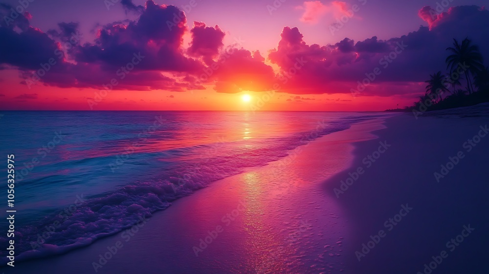 Vibrant sunset over tranquil beach with gentle waves and palm trees Vibrant sunset over tranquil beach with gentle waves and palm trees