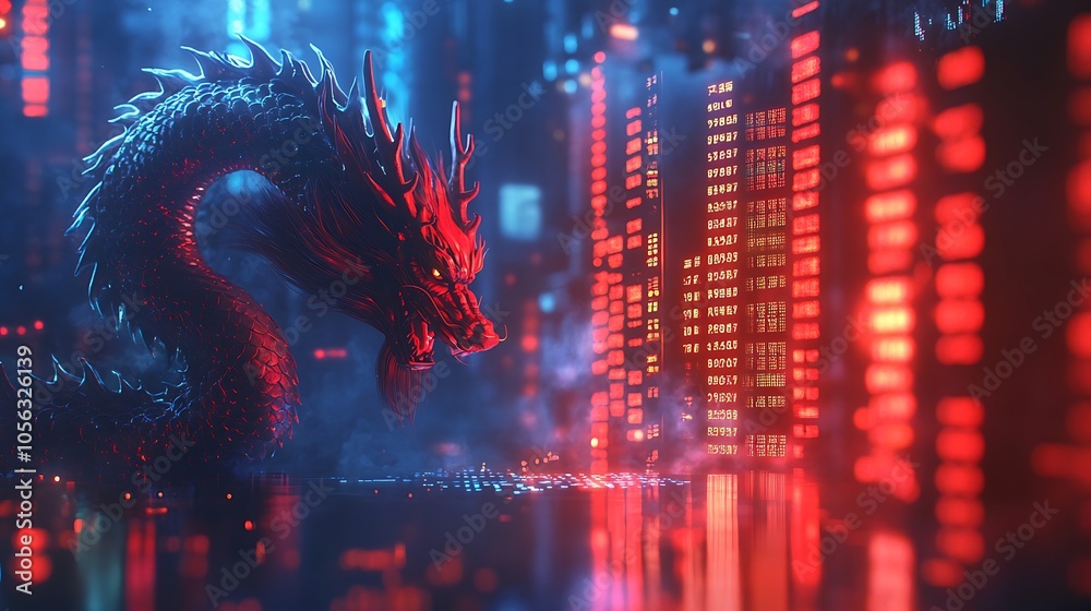 Fototapeta premium Mystical dragon surrounded by neon cityscape and digital environment