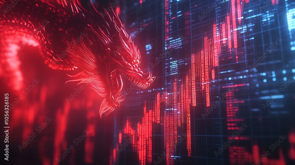Fototapeta premium Mystical dragon ascending amidst digital financial data trends