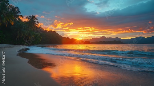 Serene sunset over tranquil beach with lush palm trees