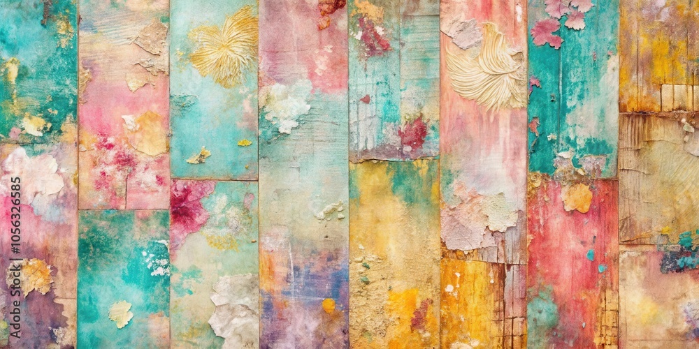 A weathered wooden surface with layers of peeling paint in hues of pink, turquoise, yellow, and red, revealing the natural wood grain beneath. A weathered wooden surface with layers of peeling paint in hues of pink, turquoise, yellow, and red, revealing the natural wood grain beneath.