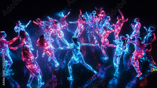 Illuminated dance performance with vibrant colors featuring multiple dancers in a creative studio setting