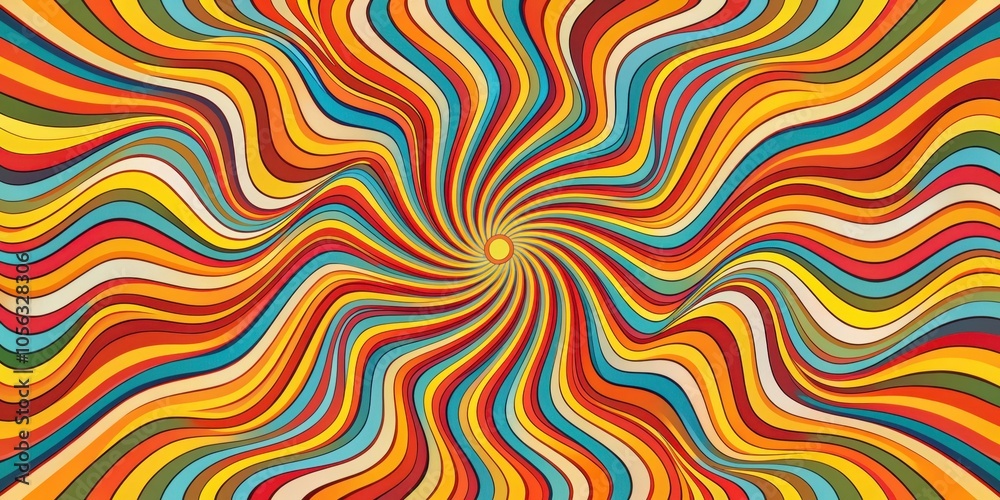 Vibrant Retro Sunburst Pattern with Wavy Lines in a Color Palette of Orange, Yellow, Red, Blue, and Green Vibrant Retro Sunburst Pattern with Wavy Lines in a Color Palette of Orange, Yellow, Red, Blue, and Green