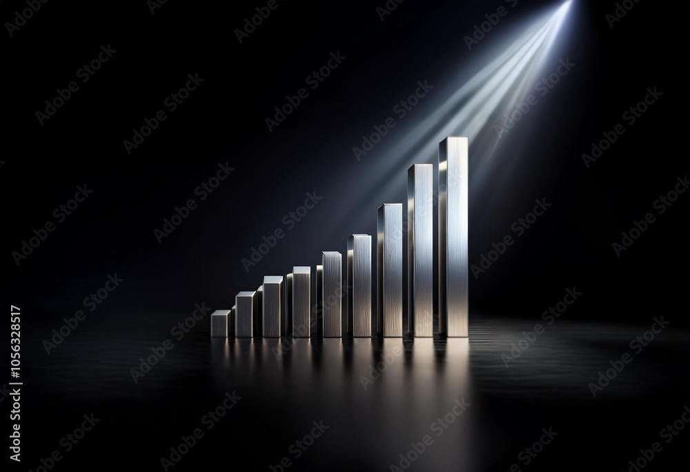 A silver bar chart ascends upwards with a spotlight highlighting the top bar. A silver bar chart ascends upwards with a spotlight highlighting the top bar.