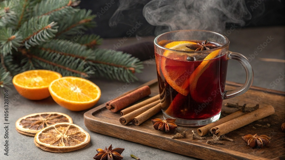 A steaming glass of mulled wine garnished with a slice of orange, cinnamon sticks, and star anise, surrounded by spices on a cozy table setting, capturing the warmth and essence of a winter holiday dr A steaming glass of mulled wine garnished with a slice of orange, cinnamon sticks, and star anise, surrounded by spices on a cozy table setting, capturing the warmth and essence of a winter holiday dr
