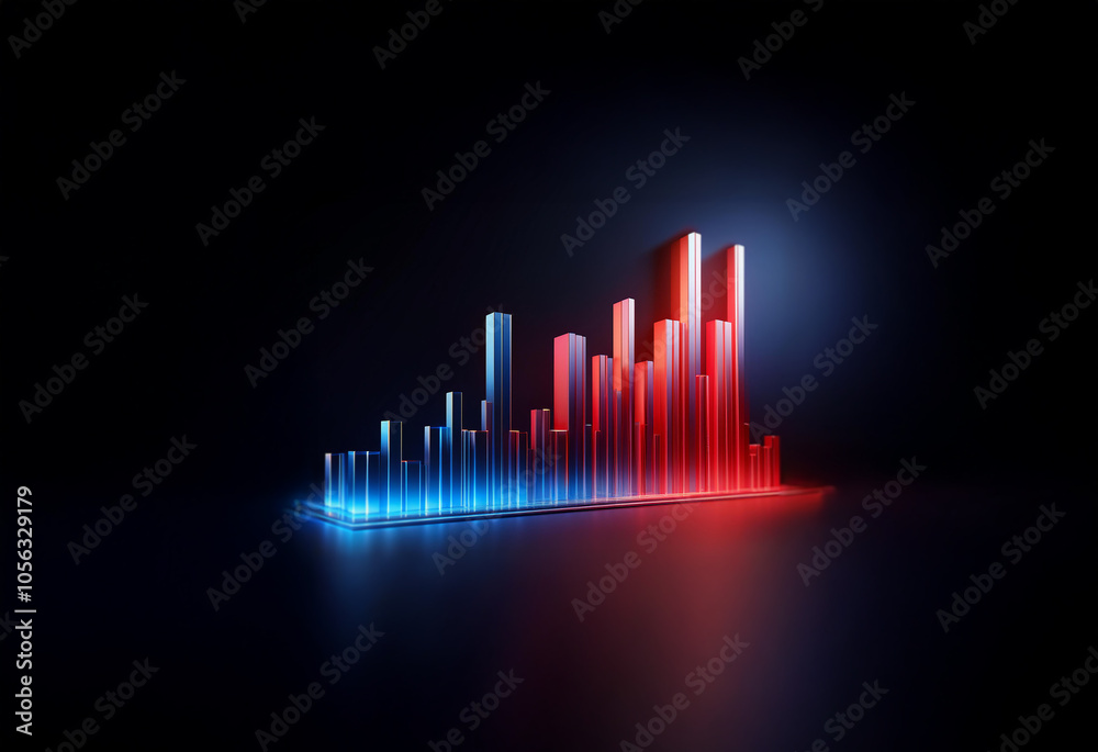 Red and blue glowing bars rise in a dark space, reflecting on a black surface.
