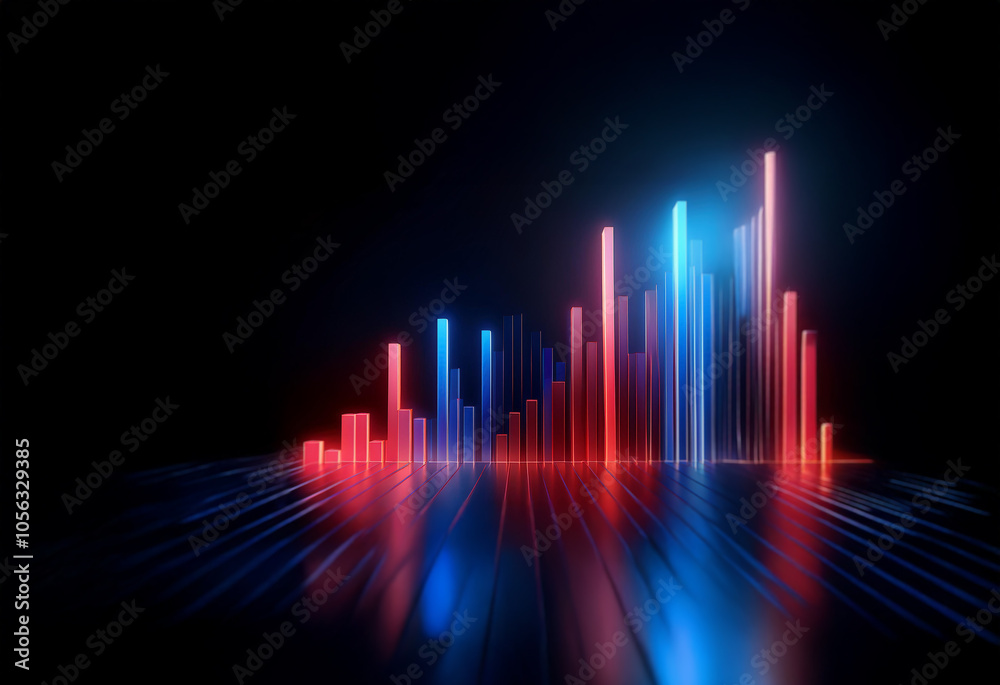 Abstract neon lights in red and blue form a cityscape on a dark, reflective surface. Abstract neon lights in red and blue form a cityscape on a dark, reflective surface.