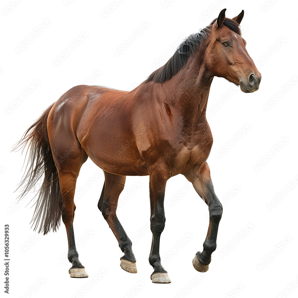 Obraz premium Standing Brown Horse Stallion Captured in a Majestic Pose – Isolated on Transparent Background in High-Quality PNG Photograph