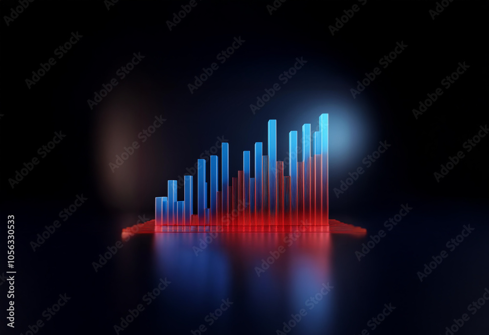 A glowing bar chart ascends in a diagonal pattern, with blue bars rising above red ones, highlighting growth and success. A glowing bar chart ascends in a diagonal pattern, with blue bars rising above red ones, highlighting growth and success.