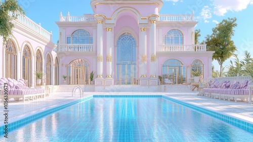 Eastern Oasis: Tranquil Hotel Poolside Lounge with Oriental Arabic Ornaments, Fringed Pillows, and Plaid Sofa for Spa or Wellness Concept in Vacation Resort
