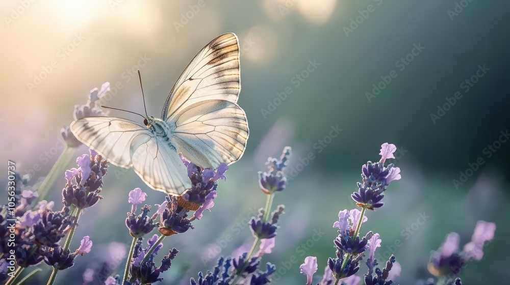 Naklejka premium Beautiful white butterfly resting on lavender flowers in a sunlit garden during late afternoon hours