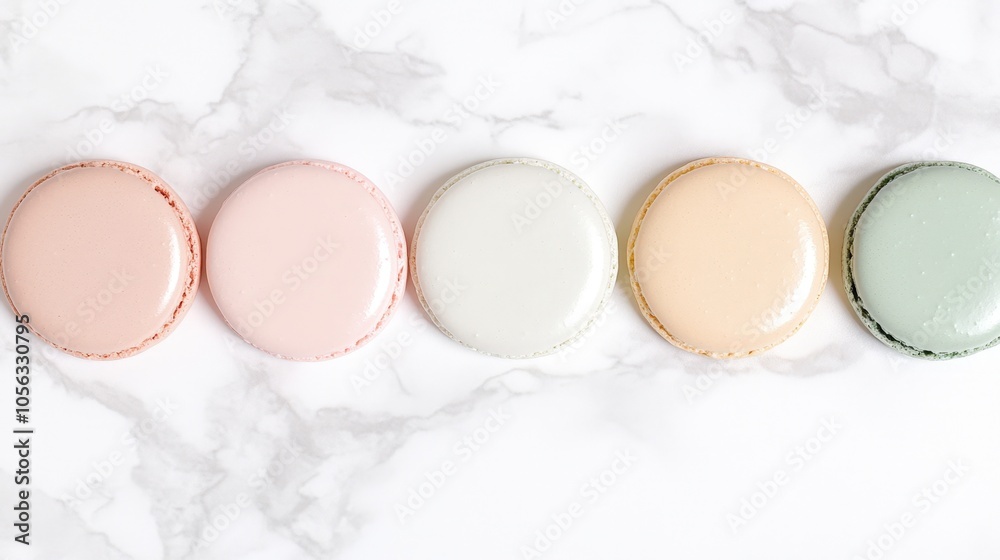 Colorful macarons arranged neatly on a marble surface showcasing various pastel shades in an elegant display Colorful macarons arranged neatly on a marble surface showcasing various pastel shades in an elegant display
