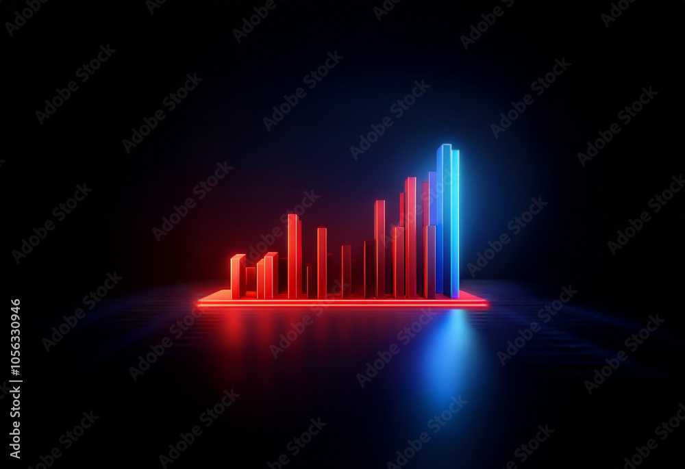 A red and blue neon bar graph shows a downward trend with a spike in the last bar. A red and blue neon bar graph shows a downward trend with a spike in the last bar.