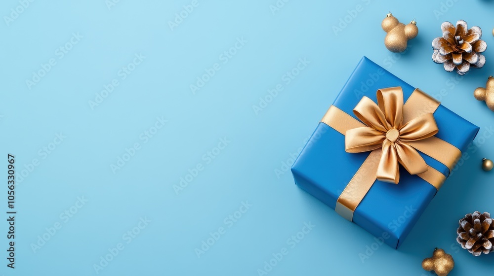 A beautifully wrapped blue gift box with a gold ribbon and festive decorations on a light blue background during the holiday season A beautifully wrapped blue gift box with a gold ribbon and festive decorations on a light blue background during the holiday season