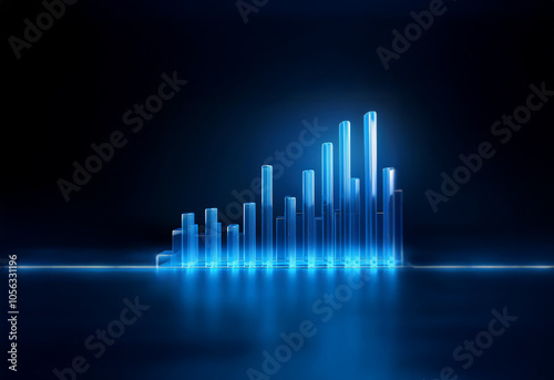 A 3D rendering of a glowing blue bar graph with a dark background, symbolizing growth and upward trend.