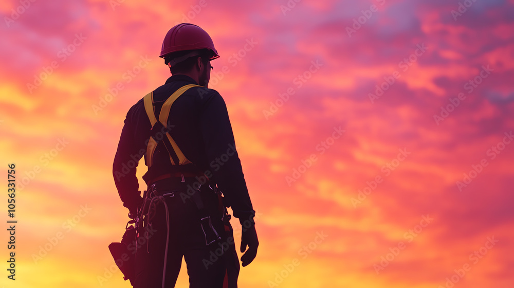 A silhouette of a worker in a helmet during a vibrant sunset, symbolizing hard work and dedication in the industrial sector. A silhouette of a worker in a helmet during a vibrant sunset, symbolizing hard work and dedication in the industrial sector.
