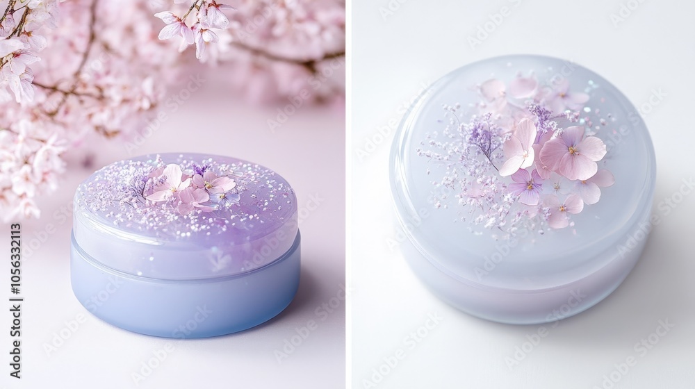 Delicate floral body cream in a soft lavender container amidst cherry blossom branches during springtime