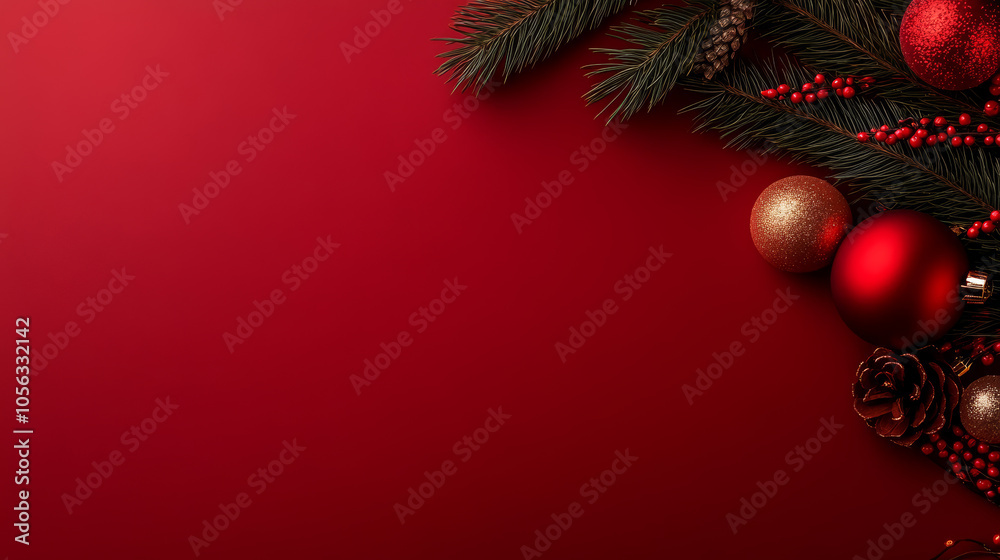Red and gold Christmas ornaments with pine branches on a red background. Red and gold Christmas ornaments with pine branches on a red background.