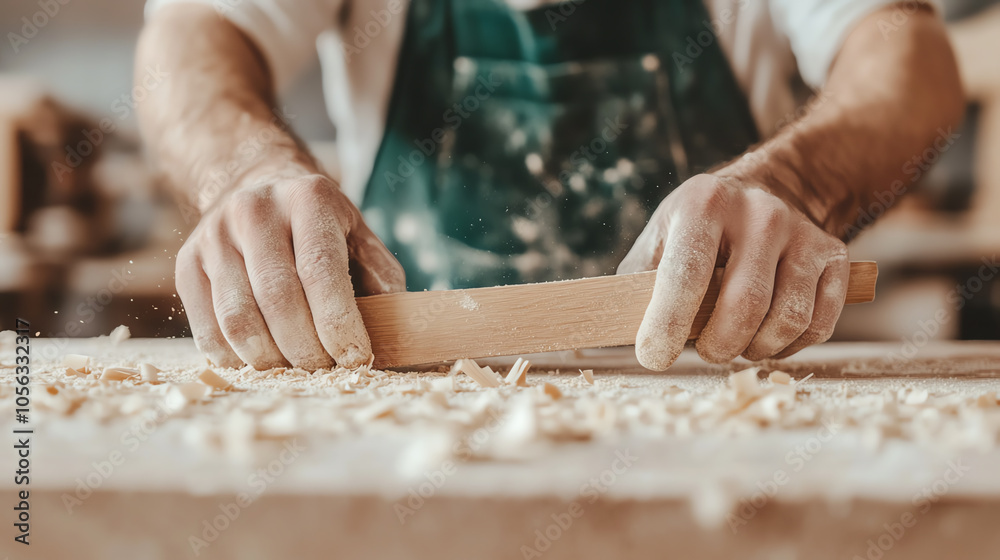 Craftsman shaping wood with hand tools, focusing on the details of woodworking in a workshop environment. Craftsman shaping wood with hand tools, focusing on the details of woodworking in a workshop environment.