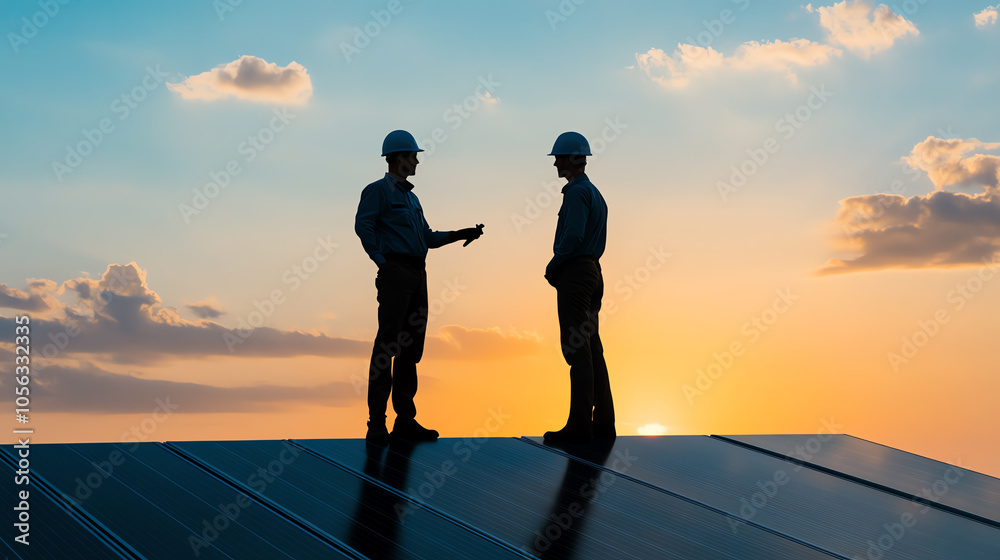 Silhouettes of two engineers discussing solar panel installation against a stunning sunset backdrop, highlighting renewable energy and teamwork.