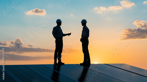 Obraz na płótnie Silhouettes of two engineers discussing solar panel installation against a stunning sunset backdrop, highlighting renewable energy and teamwork. w salonie