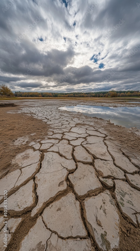 Obraz premium Dry cracked soil reflecting cloudy sky in a dried lake bed