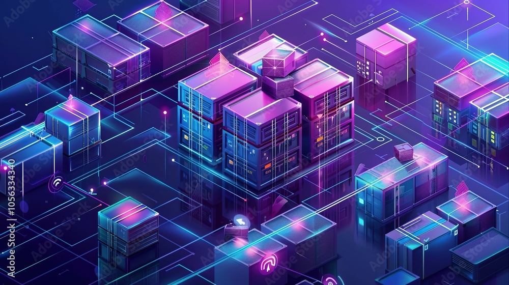 Abstract 3D digital city with glowing neon lines and geometric buildings Abstract 3D digital city with glowing neon lines and geometric buildings