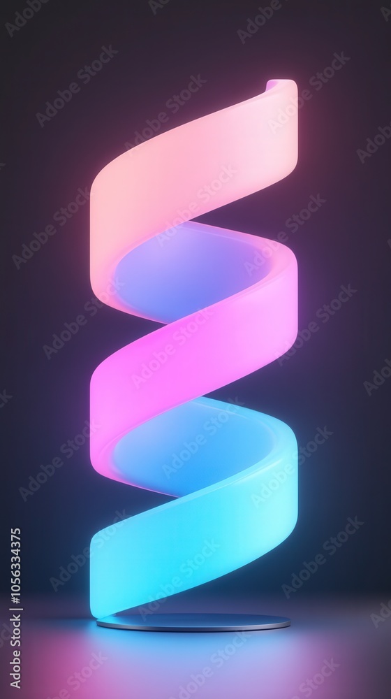 Colorful spiral light sculpture in a dark setting displaying vibrant pink and blue hues at an art exhibition Colorful spiral light sculpture in a dark setting displaying vibrant pink and blue hues at an art exhibition