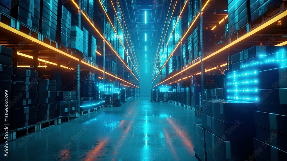 Illuminated Warehouse Interior with Rows of Shelving and Stacked Boxes Illuminated Warehouse Interior with Rows of Shelving and Stacked Boxes