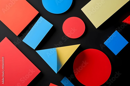 A composition of colorful geometric shapes on a black background.