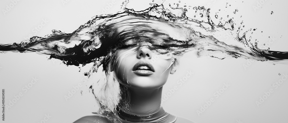 21:9 Aspect Ratio Abstract Photo of Woman with Flowing Hair in a Dreamlike, Wind-Swept Monochrome Portrait 21:9 Aspect Ratio Abstract Photo of Woman with Flowing Hair in a Dreamlike, Wind-Swept Monochrome Portrait