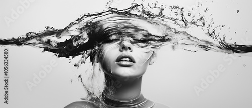 21:9 Aspect Ratio Abstract Photo of Woman with Flowing Hair in a Dreamlike, Wind-Swept Monochrome Portrait