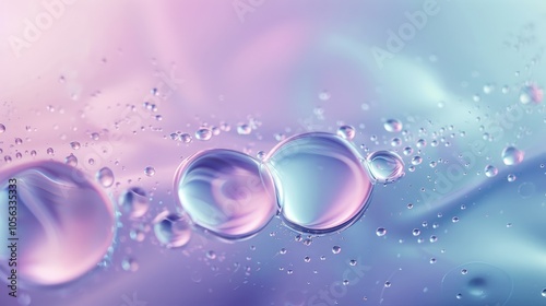 Soft-toned lilac and blue abstract background with oil drops on water surface. Ideal for cosmetic product ads.