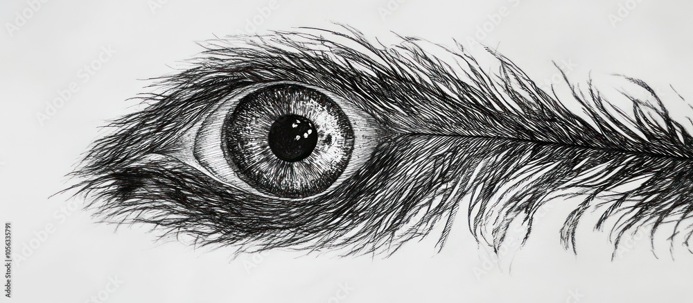Obraz premium Detailed pencil drawing of an eye covered by an ostrich feather.