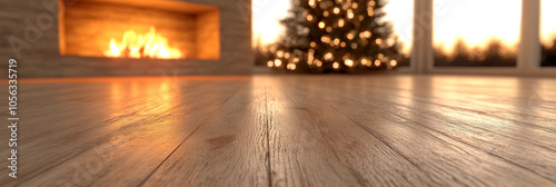 Warm wooden floor with a fireplace and Christmas tree in the background.