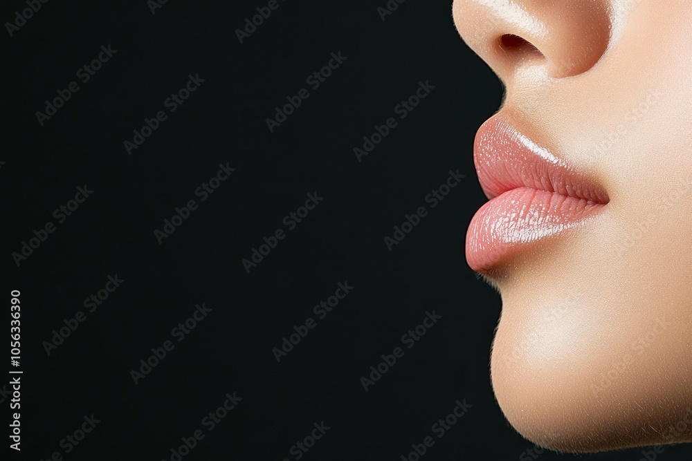 Flawless Beauty: Young Woman's Side View with Perfect Makeup on Black Background Flawless Beauty: Young Woman's Side View with Perfect Makeup on Black Background