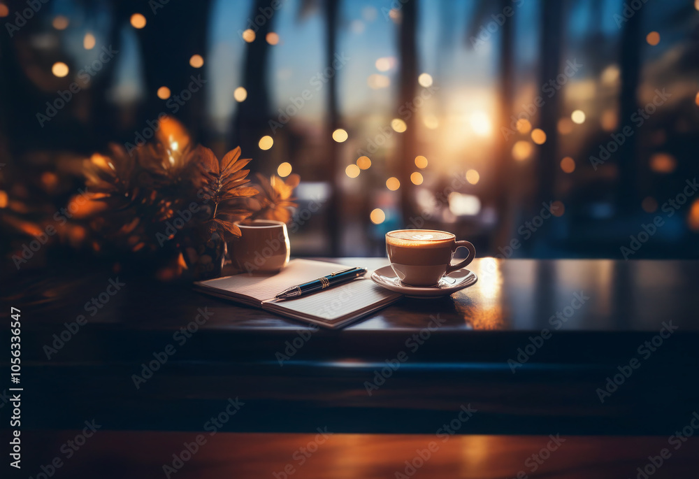 A cup of coffee, a notebook, and a pen sit on a table by a window with a view of a city street at night. A cup of coffee, a notebook, and a pen sit on a table by a window with a view of a city street at night.