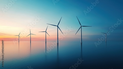 Peaceful Wind Turbines on Calm Water at Sunset