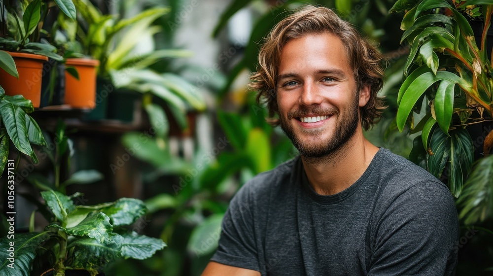 Joyful young man surrounded by lush greenery, embodying positivity and a love for nature in a vibrant jungle setting. Joyful young man surrounded by lush greenery, embodying positivity and a love for nature in a vibrant jungle setting.