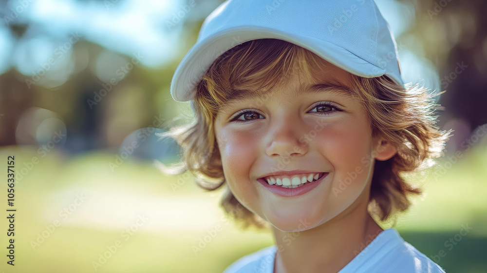A cheerful young boy enjoys his golf lesson, radiating joy in the sun, perfect for showcasing youth in sports. A cheerful young boy enjoys his golf lesson, radiating joy in the sun, perfect for showcasing youth in sports.