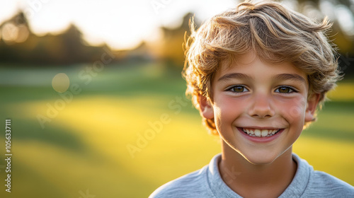 A joyful boy enjoys his golf training session, illuminated by the warm glow of sunset on the lush green course.