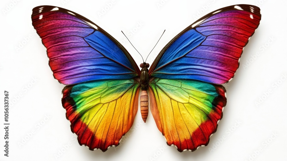 A rainbow butterfly, its wings an explosion of bright colors, flying across a pristine white backdrop, symbolizing joy and diversity